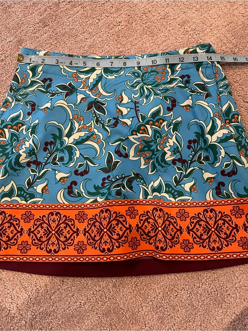 Lady Hagen Turquoise Blue Floral Mini Skirt/Skort with Orange Hem, Size 2